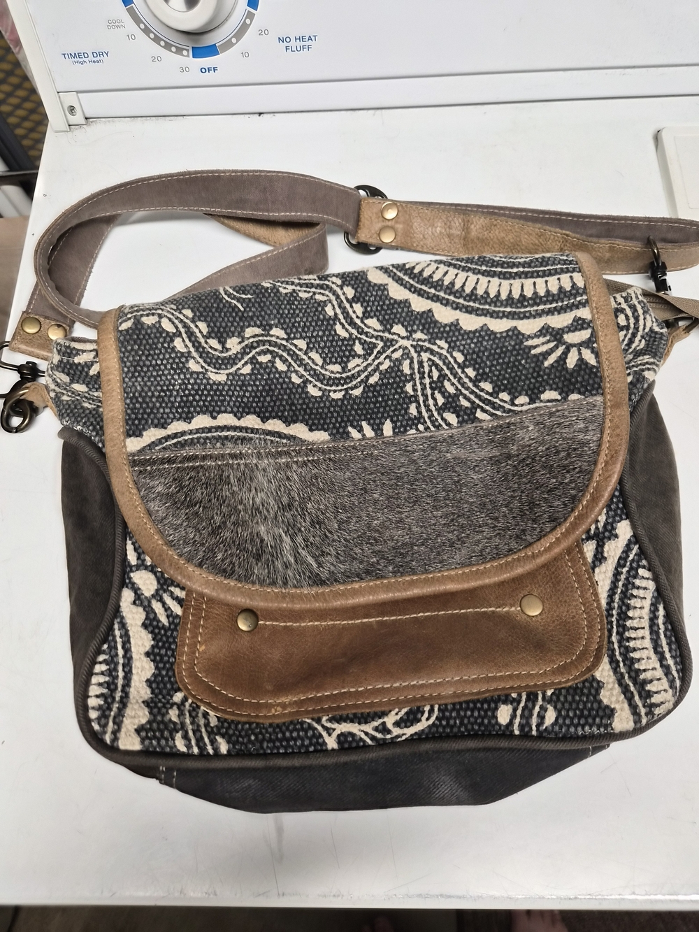 Myra Bag Black-and-Cream Patterned Crossbody with Brown Leather & Fur Accent